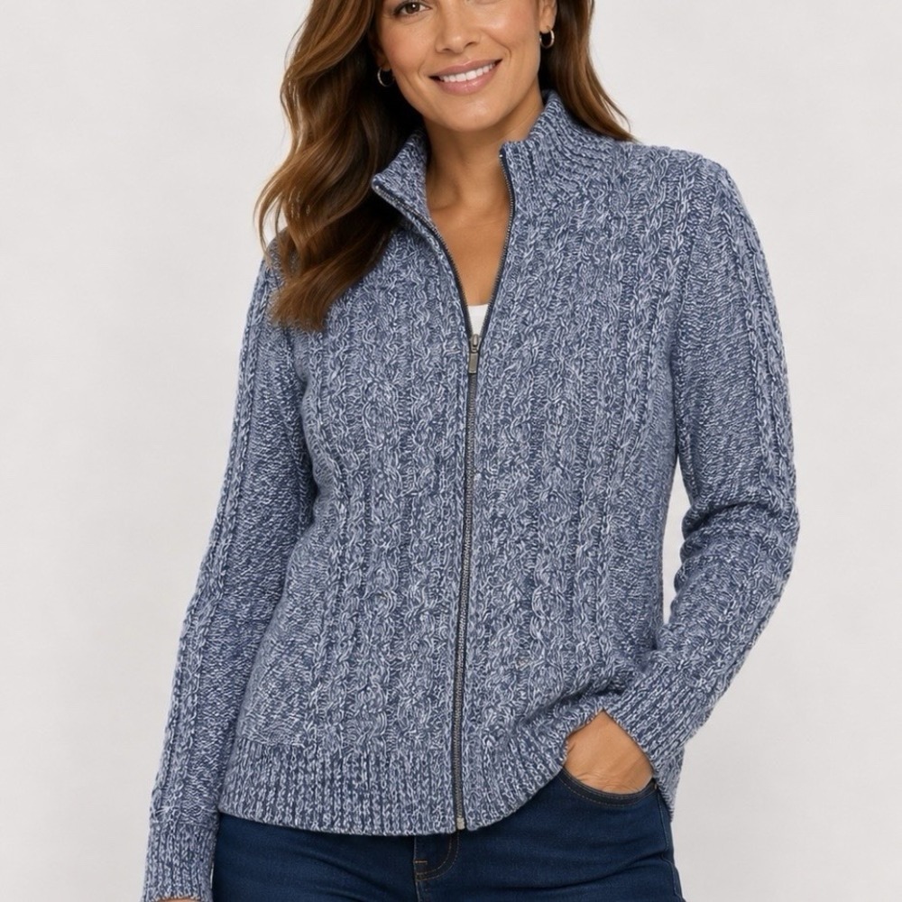 LL Bean Blue Marled Double L Mixed Cable Full Zip Mock Neck Cotton Sweater LARGE
